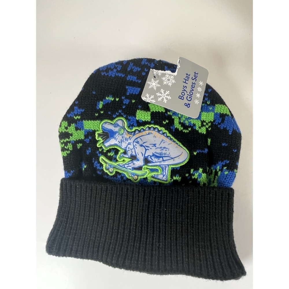 Boys Dinosaur Hat & Gloves‎ Set Green Blue Black Beanie Winter NEW